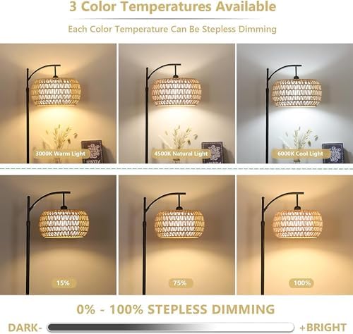 Arc Floor Lamps for Living Room Rattan Boho Floor Lamp with Remote Control,Dimmable LED Floor Lamps Wicker Lamp Shades Black Standing Lamp with 3 Color Temperature Tall Floor Lamp For Bedroom Corner - Image 2