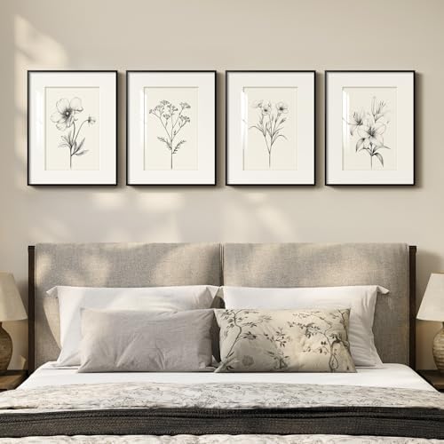 Framed Retro Black and White Floral Wall Art for Bedroom, 4 Piece 12x16 In by Cuspin