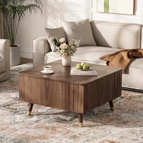 JOINICE Square Lift Top Coffee Table with Storage for Living Room,Walnut - Image 4