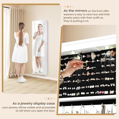 NAFORT 2 LEDs Mirror Jewelry Armoire, 47.5" H Door or Wall Mounted Jewelry Cabinet with Frameless Mirror, Lockable Jewelry Storage Box, Hanging Jewelry Organizer with 2 Drawers, White - Image 6