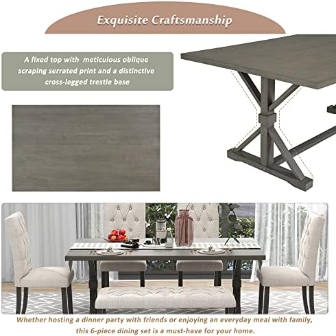 Mirightone 6-Piece Farmhouse Dining Table Set for 6 Rectangular Table Set with 4 Upholstered Chairs and Bench, Solid Wood Dining Table Set for Kitchen, Dining Room (Grey) - Image 7
