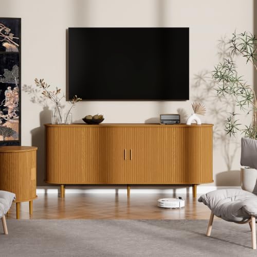 71" Sideboard Buffet Cabinet with Storage,Large Credenza with Sliding Doors and1 Drawer,Mid Century Modern Coffee Bar Cabinet with Adjustable Shelves for Dining Room,Kitchen,Living Room(Yellow Walnut) - Image 6