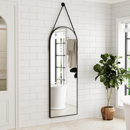 Full Length Mirror, Arched Wall Mounted Mirror, 48"x16" Door Mirrors with Hanging Leather Strap, Wall Mirrors Full Length with Aluminum Frame for Bathroom Living Room Entryway (Black) - Image 3