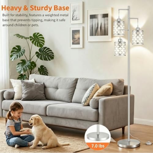 72" Dimmable Floor Lamp with Remote & Timer, Modern Minimalist Standing Lamp for Living Room Bedroom, 3 Individually Controlled Heads, 2 Height Options, 3x 1100LM LED Bulbs Included -Silver - Image 5