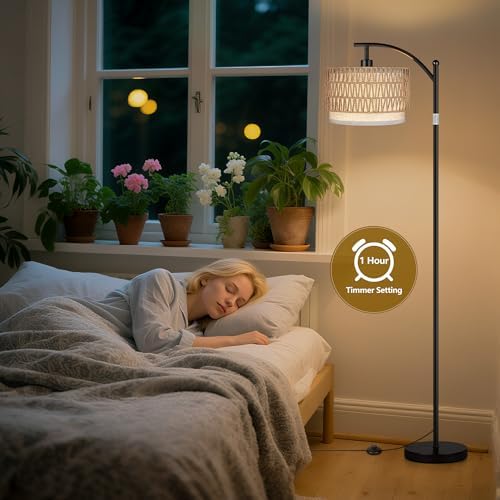 ROTTOGOON Arc Floor Lamps for Living Room, Boho Farmhouse Floor Lamp with Remote & Dimmable Bulb, Standing Lamp with Rattan & Fabric Shades, Adjustable Tall Lamp for Bedroom Office-Black - Image 6