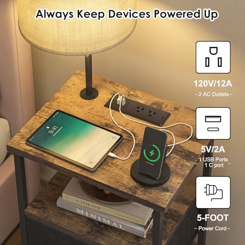 Fixwal Nightstand with Lights Bedside Table with 3 Color Temperatures Bulb, Night Stand with Charging Station End Table with Adjustable Fabric Drawer for Bedroom Dorm - Image 4