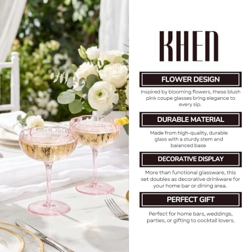 Khen Flower Modern Wavy Glass Coupes Martini, Champagne & Cocktail Coupes - Set of 2-7.7oz Colorful Cocktail Glasses & Prosecco, Mimosa Glassware Copyright Design - Blush Pink - Image 5
