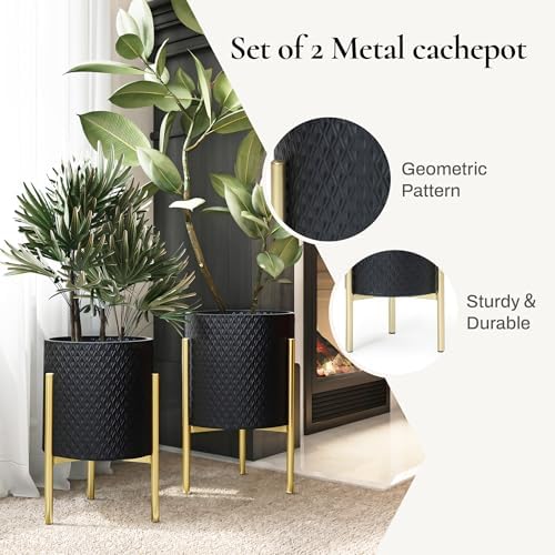 LuxenHome 2-Piece Diamond Pattern Round Metal Cachepot Planter Set - Image 5