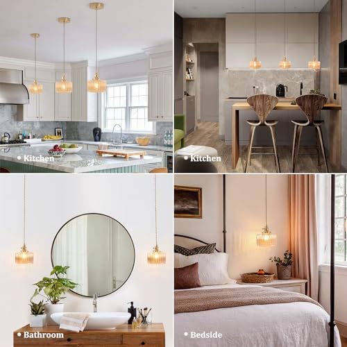 Shenmoyl Pendant Light with Amber Striped Glass Lmapshade, Brass Vintage Pendant Light Adjustable Hanging Light for Kitchen Island Dining Room Hallway - Image 2