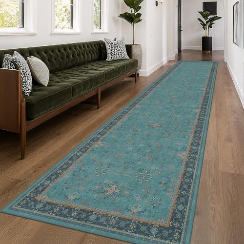 Hazo Haus Washable 3x16 Extra Long Hallway Runner Rug, Boho Aqua Blue Large Kitchen Floor Rug Indoor, Non-Slip Stain & Fade Resistant, Vintage Unique Teal Floral Décor - Image 3