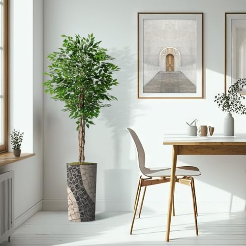 Artificial Tree in Geometric Pattern Planter, Fake Ficus Silk Tree for Indoor and Outdoor Home Decoration - 75" Overall Tall (Plant Pot Plus Tree) - Image 6