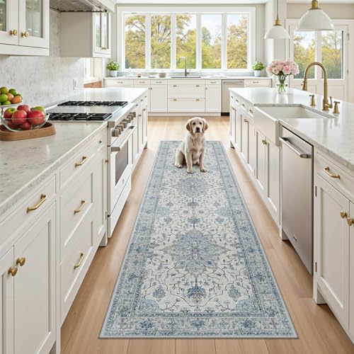 RELEANY Washable Area Rug, Runner 2'6"x8', Blue/White/Gray - Image 3