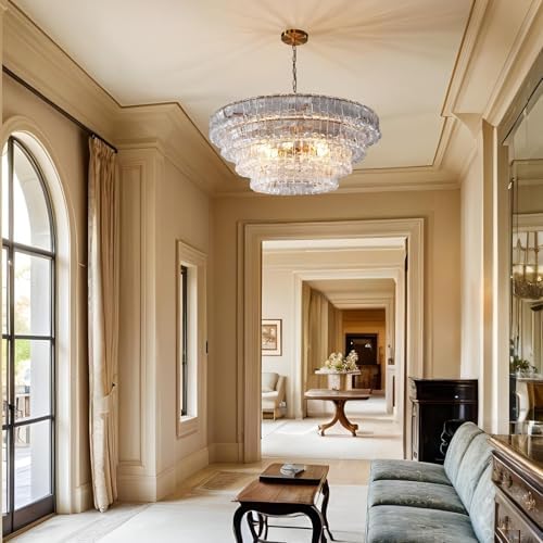 YIOSI Clear Glass 36 inch Round Chandelier for Dining Room, Modern Drum Pendant Light Fixture with Crystal Glass, Gold Large Ceiling Light Perfect for Living Room, Bedroom - Image 6