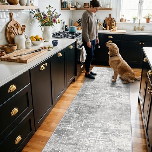 HY HAOYUNLAI Abstract 2x8 Runner: Washable Non-Slip 8ft Hallway Carpet Stain-Resistant Laundry Room Kitchen Area Rug Throw Entryway Foyer Mat Soft Living Room Bedroom Beside Runner Rug(2x8,Light/Grey) - Image 2