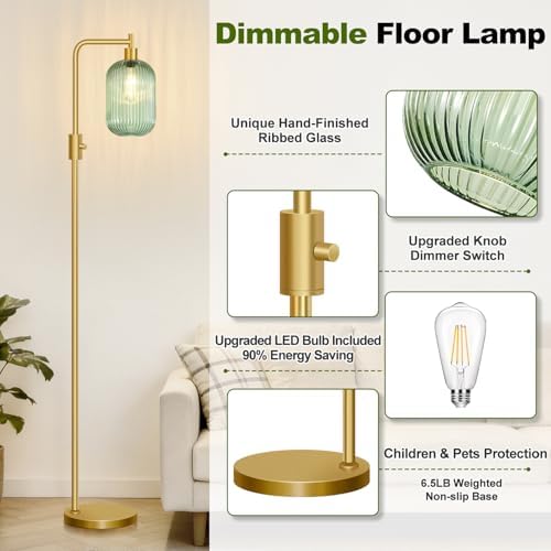 【Upgraded】 Dimmable Floor Lamp for Living Room with Green Ribbed Glass Lampshade, Gold Modern Floor Lamp with 900LM LED Bulb Included, Arc Standing Tall Lamp for Bedroom, Office, Reading Room, Corner - Image 5
