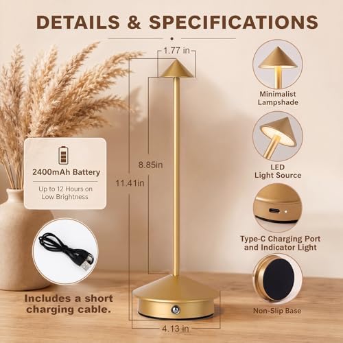 6 Pack Cordless Table Lamp, 3 Color Stepless Dimmable, Gold - Image 2