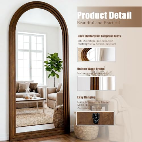 35"x78" Full Length Mirror Solid Wood Frame, Arched Floor Mirror Full Length with Stand, Room Decor Big Full Body Mirror with HD Tempered Glass for Bedroom, Living Room, Walnut Wood - Image 3