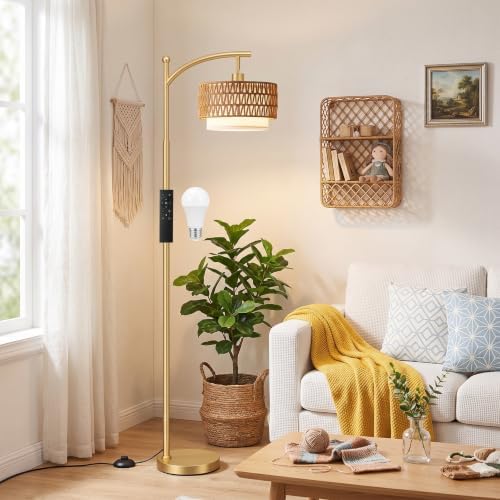 Ambimall Arc Floor Lamp with Remote & Rattan Double Shades, Gold Rustic by Ambimall