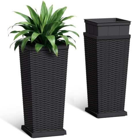 Set of 2 24 Inch Tall Plastic Planters with Drainage Saucers, Black by Acurax