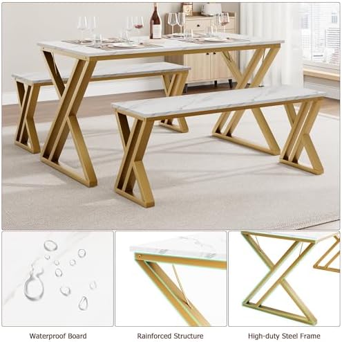 CABIHOME Space-Saving Rectangular Dining Table Set for 4 – Includes Table and 2 Benches – Durable x-Shaped Metal Frame – Perfect for Kitchen, Dining Room, Apartment, or Studio – Gold White - Image 2