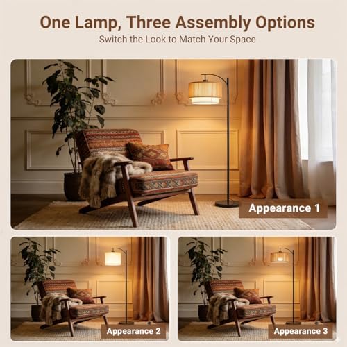 TJOY Arc Floor Lamp for Living Room, Boho Rattan & Fabric Shades - Image 4