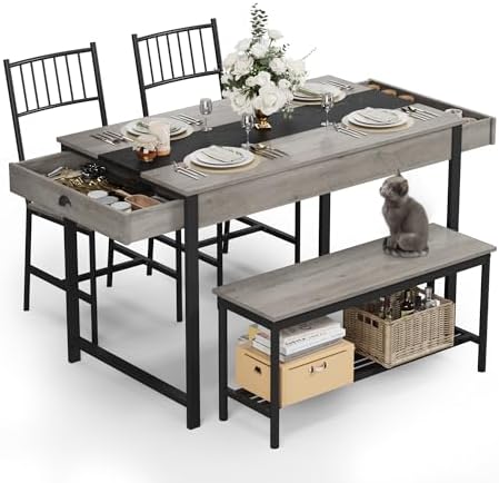 GarveeHome Dining Table Set for 4,Kitchen Table with Bench & 2 Chairs, Grey by GarveeHome
