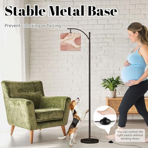 Arc Floor Lamp Pink Marble Rose Gold Dimmable Modern Standing Lamp with Remote Adjustable Drum Shade Footswitch Tall Pole Lamp for Living Room Bedroom - Image 4