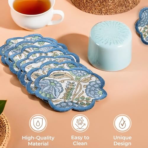 Ridhi 8-Pcs 100% Cotton Hand Block Print Drink Coasters 5" in Asparagus Green - Image 6