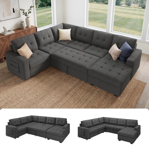 HONBAY Modular Sectional Sleeper Sofa with Pull Out Bed, U Shaped Sleeper Couches with Storage Chaise, 114'' Sleeper Sectional Sofas for Living Room, Apartment (Dark Grey) by HONBAY