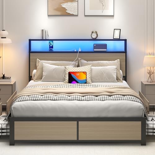 Lifezone Full Bed Frame with 2-Tier Storage Headboard, Metal Platform Bed Frame with 4 Storage Drawers, Built in Charging Station & LED, Noise-Free/Metal Support/No Box Spring Needed, Beige - Image 4