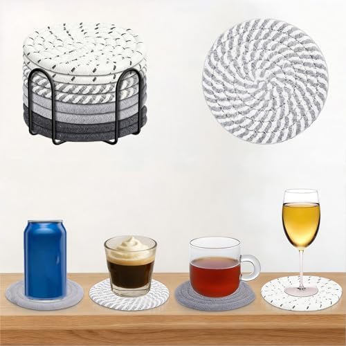 Coasters Set of 8 for Drinks with Holder,4 Colors Absorbent Coasters,Boho Cotton Woven Coaster Set for Living Room Decor,Tabletop Protection Suitable for Drinks,Beer, Coffee - Image 2