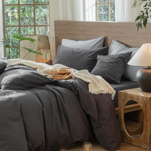 MooMee Wavy Striped Duvet Cover Set 100% Washed Cotton Linen Like Textured Breathable Durable Soft Comfy (Charocal Grey, Twin 68"x90") - Image 3