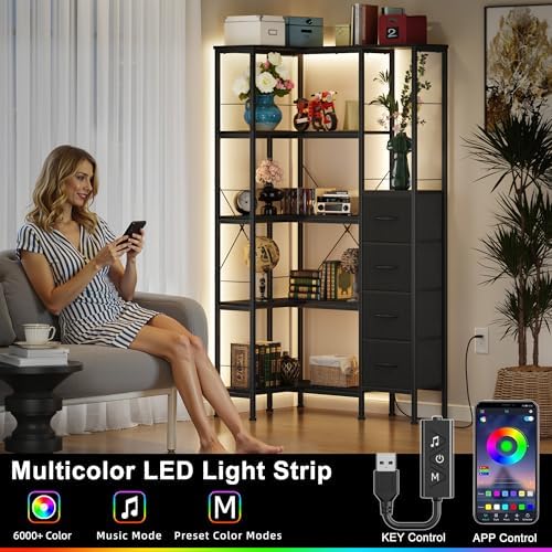 AFLUI 5-Tier Corner Bookshelf with LED Light Strips, 4 Fabric Drawers - Image 3