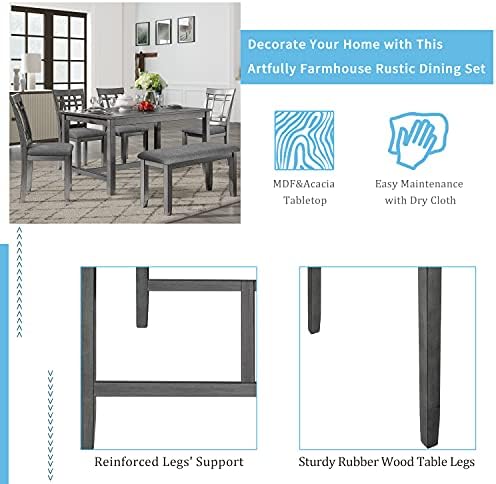 Wooden Rectangular Dining Table Set, Farmhouse Rustic 6-Piece Kitchen Set with 4 Upholstered Chairs and 1 Bench (Antique Graywash) - Image 4