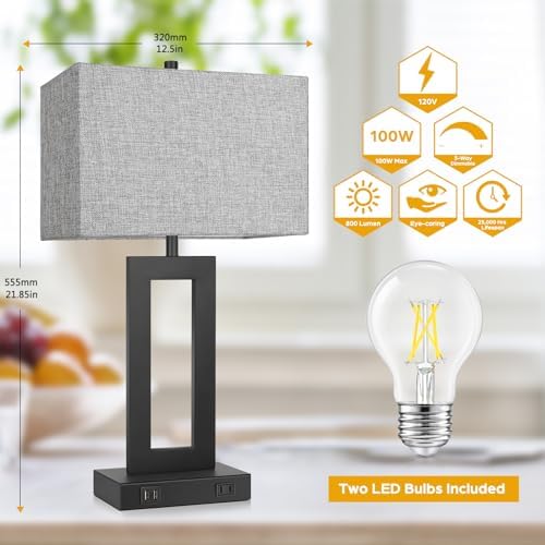TOBUSA 22" Table Lamp Set of 2 with 2 USB Ports, Modern Nightstand Lamp - Image 3