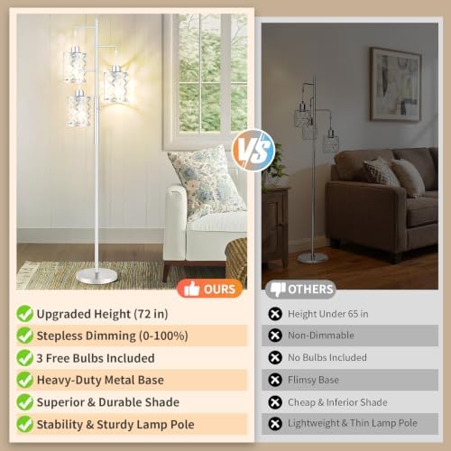 72" Modern Tree Floor Lamp, Dimmable Minimalist Tall Standing Lamp with Metal Cages & Rotary Dimmer Knob, Corner Decor Lighting for Living Room Bedroom Cafe, 3 x 800LM Bulbs Included-Silver - Image 2