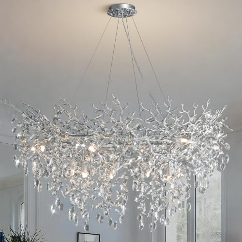 YUYI 47" Silver Tree Branch Chandelier, 14-Light Modern Crystal Chandelier, Round Chandeliers for Dining Room, Living Room, Foyer, Entryway, Kitchen, Bedroom, Luxury K9 Crystal Raindrop Fixture by YUYILIGHTING