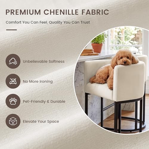 GRUSIGN Chenille Counter Height Bar Stools Set of 1, 26" Kitchen Island Stools with Arms & Footrest, Upholstered Barrel Back Bar Chairs for Kitchen， Dining Room, Bar & Lounge Area, Off-White - Image 3