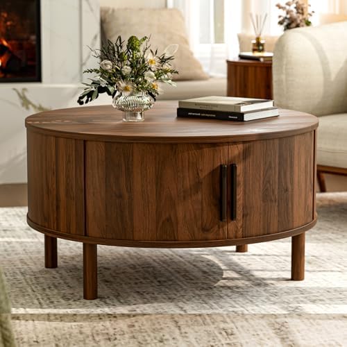 ZttRiee Round Coffee Table with Sliding Doors, Mid-Century, Walnut by ZttRiee