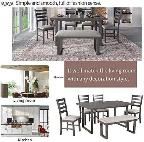 6 Piece Kitchen Dining Table Set with Rectangular Table and Comfortable Cushioned Seat, Farmhouse Rustic Wood Dining Room Set for 4-6 Persons, Dining Set for Family (Gray-1) - Image 3