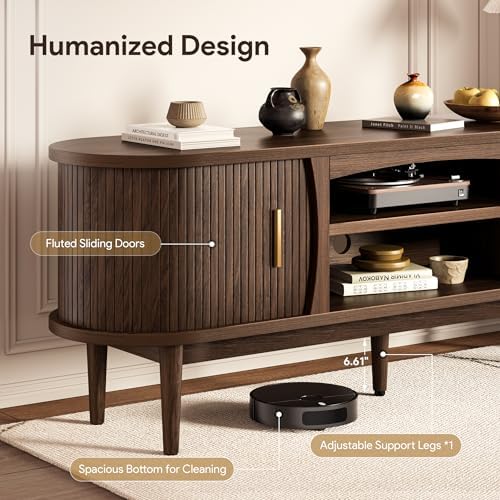 Decofy Mid Century TV Stand for TVs up to 70 Inches Entertainment Center with Storage, Power Outlet, Fluted Sliding Doors & Adjustable Shelves, Modern Media TV Console Table for Living Room (Walnut) - Image 4