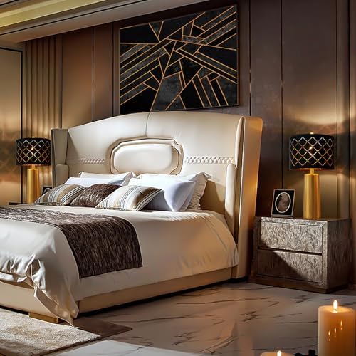 Set of 2 Modern Table Lamps for Living Room Bedroom, Gold Nightstand Resin Lamps with Black Grid Shade, Contemporary Desk Lamps for Bedside End Tables, 2 Bulbs Included (Gold) - Image 4