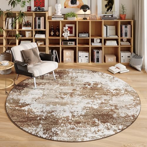 Brown Round Area Rugs 4ft Washable Circle Rug for Entryway Kitchen, Non Slip Soft Low Pile Stain Resistant, Boho Circular Carpet for Living Room Bedroom Dorm Dining Room Table, Abstract Coffee by Acapet