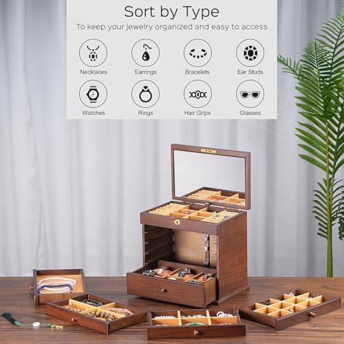 Wooden Jewelry Box7-Layer Lock, Large Vintage Organizer Gift Walnut - Image 4