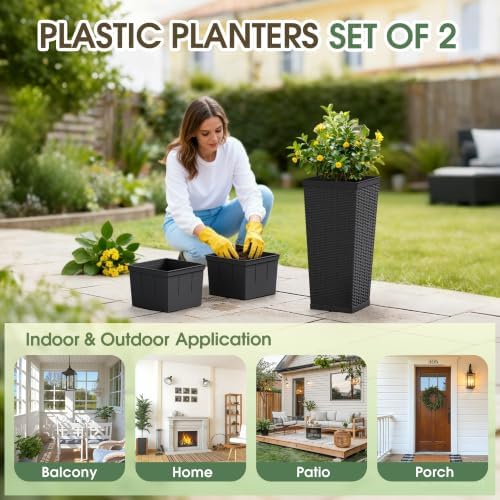24 Inch Tall Plastic Planters (Set of 2) with Drainage Holes, Black - Image 4