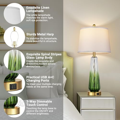Modern Glass Table Lamps Set of 2, 27.5" Bedside Lamp for Bedroom, Green - Image 3