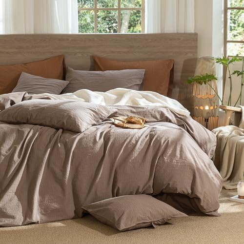 MooMee Wavy Striped Duvet Cover Set 100% Washed Cotton Linen Like Textured Breathable Durable Soft Comfy (Brown, Full 80"x90") - Image 6