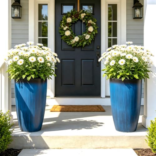 Autodaya 24" Large Tall Outdoor Planters Set of 2, Faux Ceramic Flower Pots - Image 2