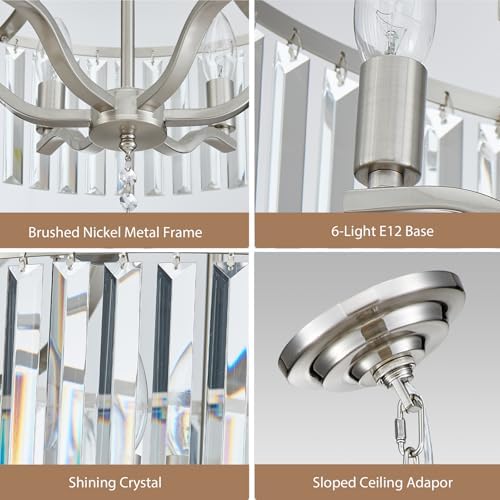 Modern Crystal Chandeliers Round 6-Light Large Brushed Nickel Pendant Lighting Fixture for Dining Room Living Room Kitchen Island Bedroom Hallway 21.7" Adjustable Height Hanging Lamp - Image 6