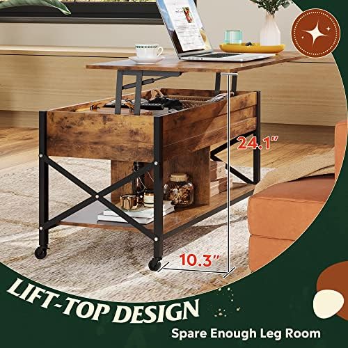 WLIVE Coffee Table Rustic Brown, 41.3" Lift Top Coffee Table with 4 Wheels - Image 5